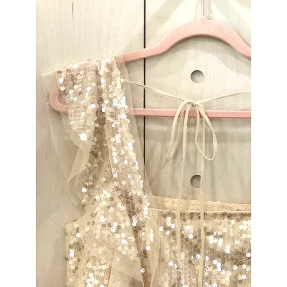 ANTHROPOLOGIE Sequin Ruffled Tank Size M Buttery Cream Party Blouse MSRP $98 - Picture 5 of 10